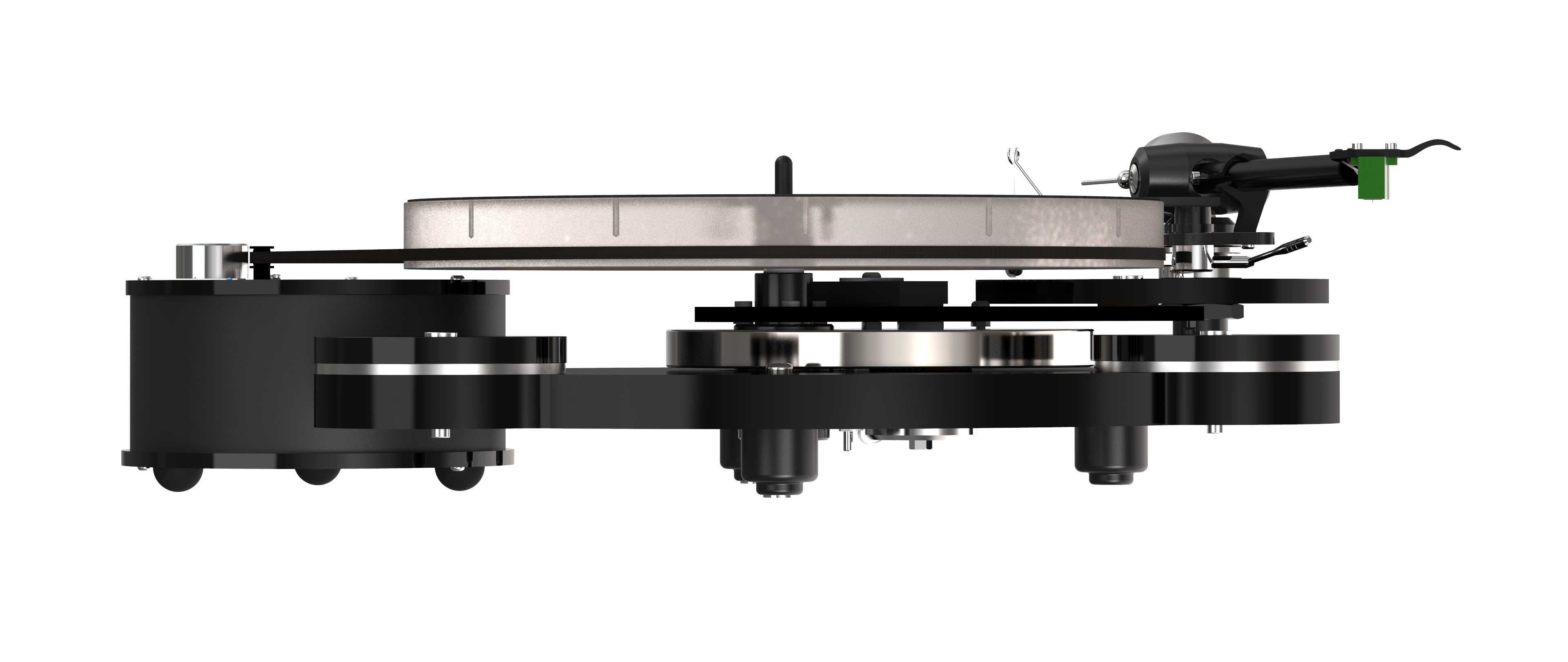 Origin Live Hi-Fi Calypso Turntable Motor Pod Silver tonearm a high end turntable for analogue vinyl audio playback with mid century mid-century retrostyling